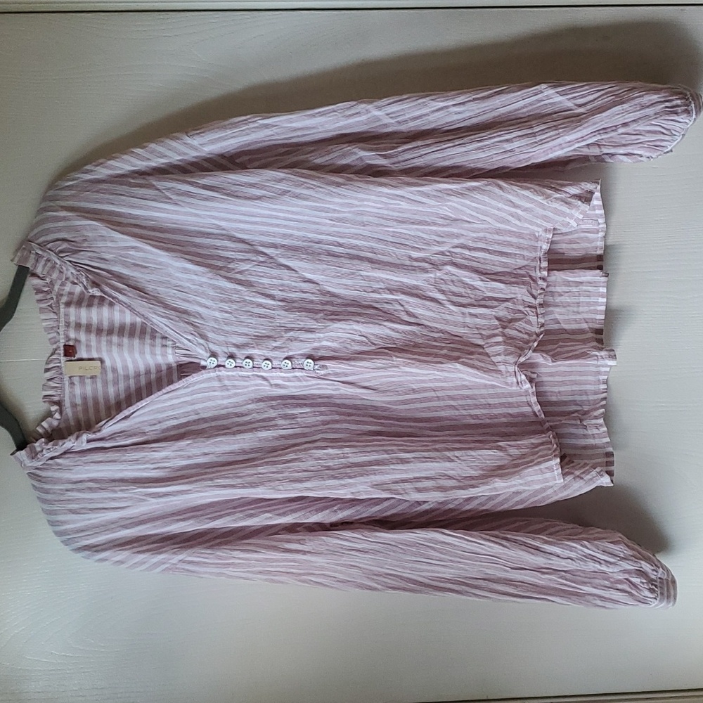 Light Pink Striped Women's Button V-Neck Blouse